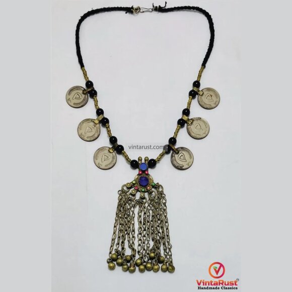 Coins and Beads Chain Necklace: Tribal Handmade Afghan Pendant - Picture 5 of 7